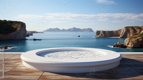 White marble stone podium product display with sea landscape as background.