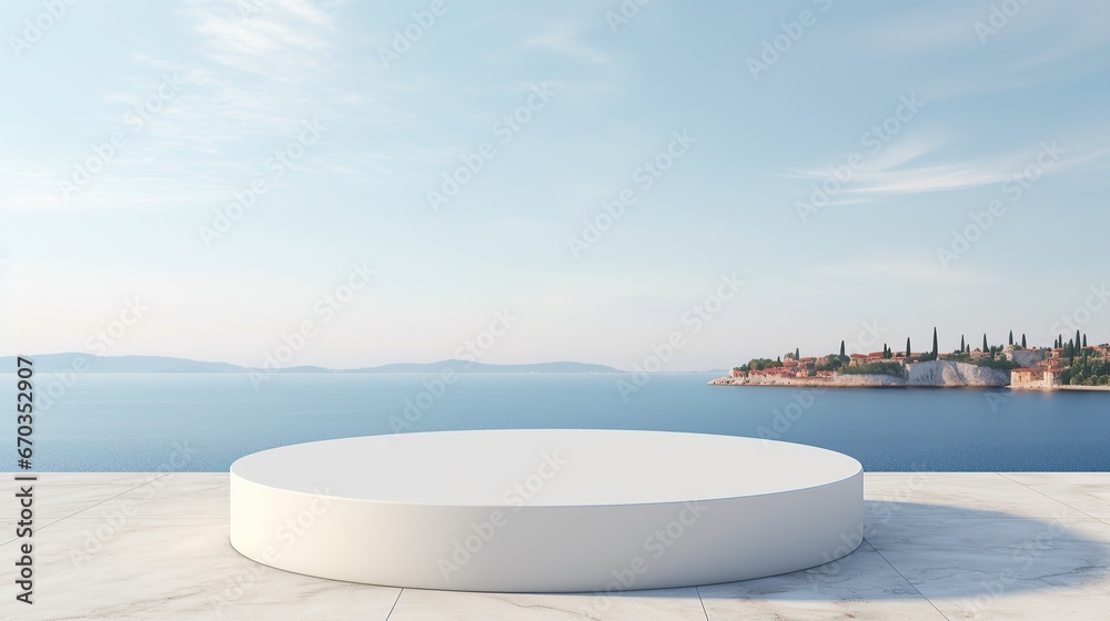 White marble stone podium product display with sea landscape as background.