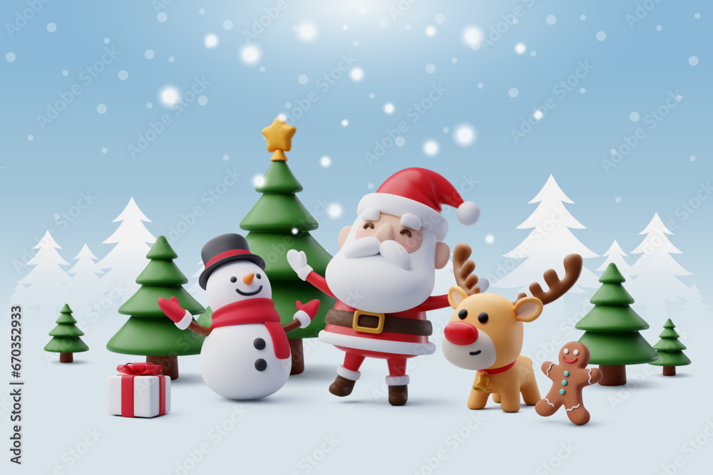 Santa claus, Snowman, gingerbread cookie and reindeer are playing with snow celebrate new year party with Christmas tree, Merry Christmas and happy new year greeting concept. Santa claus, Snowman, gingerbread cookie and reindeer are playing with snow celebrate new year party with Christmas tree, Merry Christmas and happy new year greeting concept.