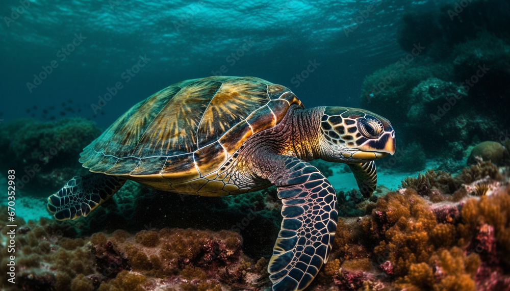 Underwater turtle swimming in the blue sea with coral reef generated by AI