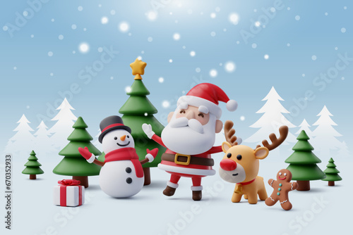 Santa claus, Snowman, gingerbread cookie and reindeer are playing with snow celebrate new year party with Christmas tree, Merry Christmas and happy new year greeting concept.