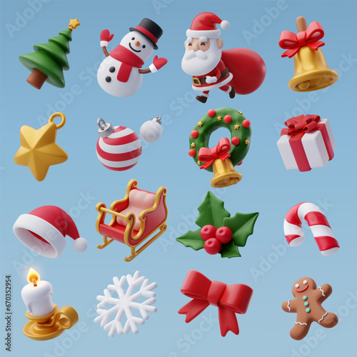 Collection of 3d Christmas icons, Merry Christmas and Happy new year concept.