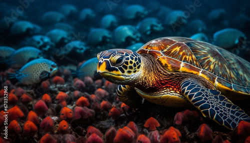 Underwater beauty turtle swimming in vibrant coral reef generated by AI