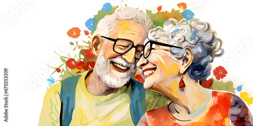 colourful ink illustration of happy retired senior couple