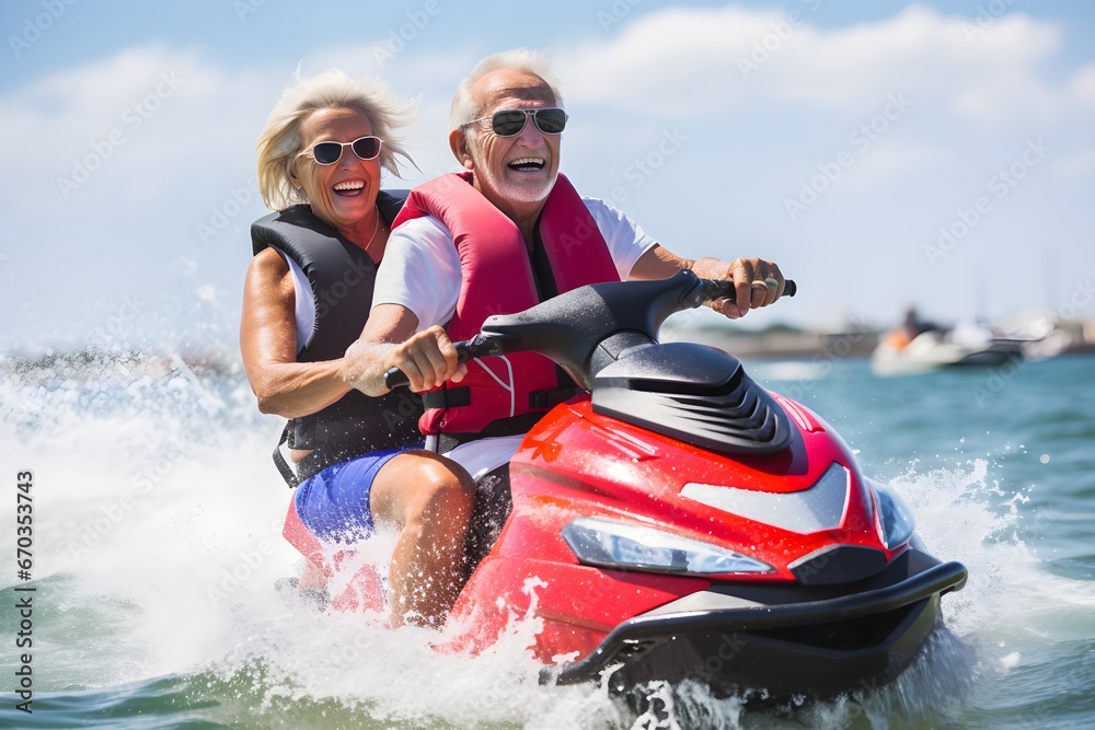 Close up view of a senior couple riding a jet ski on a sunny summer day at open sea