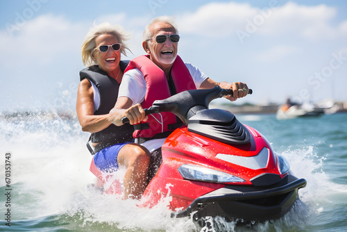 Close up view of a senior couple riding a jet ski on a sunny summer day at open sea © sam