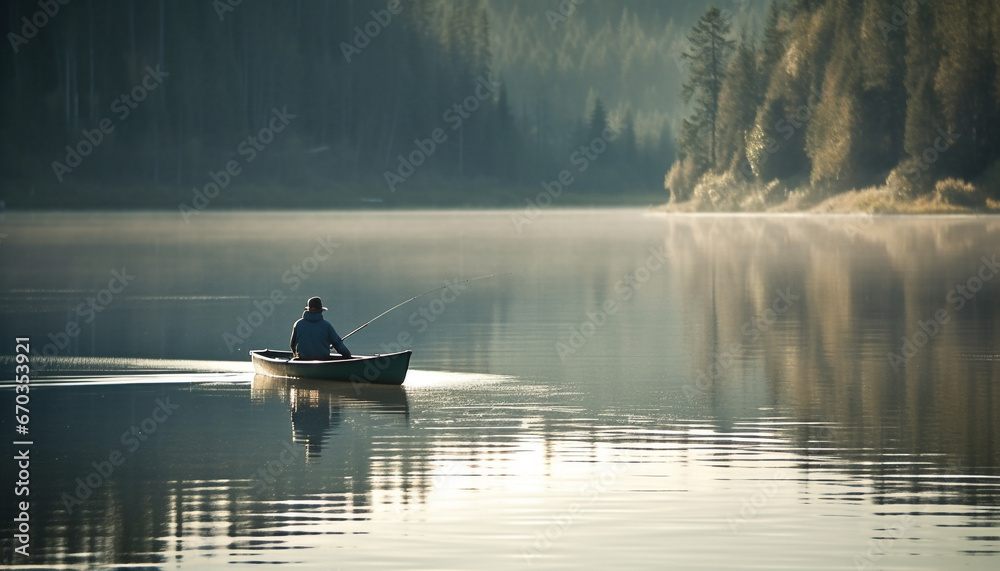 One man, outdoors, fishing in tranquil reflection on the water generated by AI