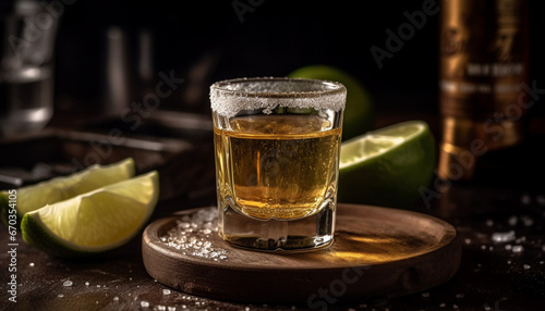 Fresh whiskey cocktail on wooden table in rustic bar generated by AI