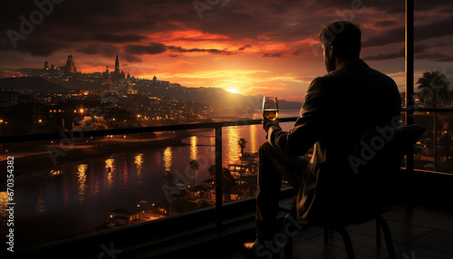One man sitting, backlit by sunset, looking at cityscape generated by AI