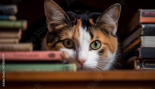 Cute kitten studying literature in library, focusing on bookshelf generated by AI