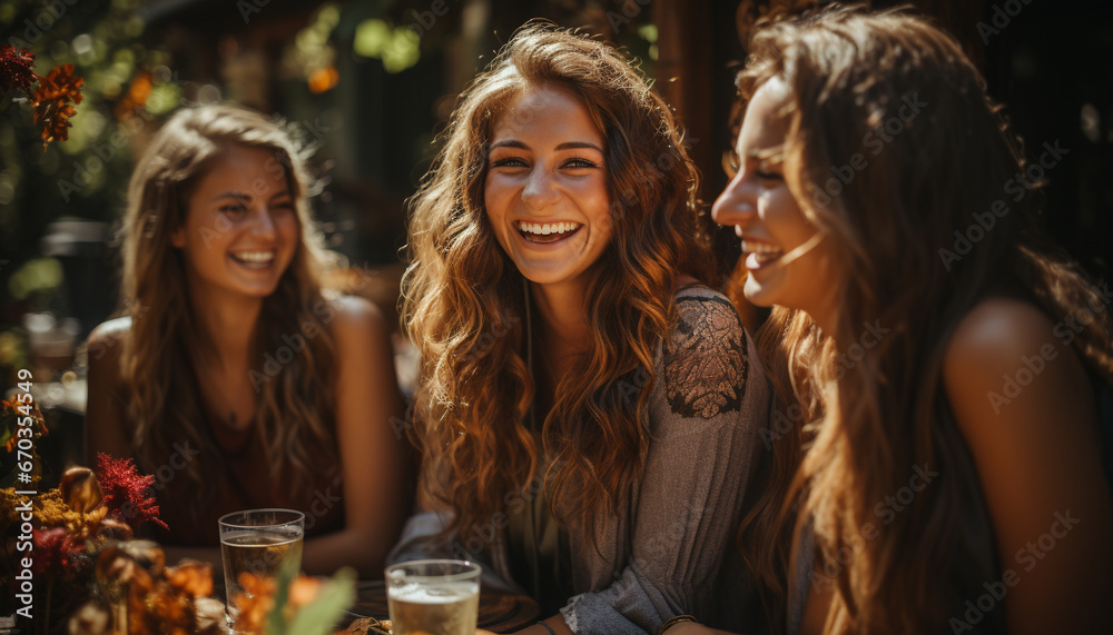 Young women enjoying a carefree summer weekend, laughing and drinking generated by AI