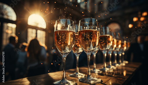 Nightclub celebration men and women toast with champagne outdoors generated by AI photo
