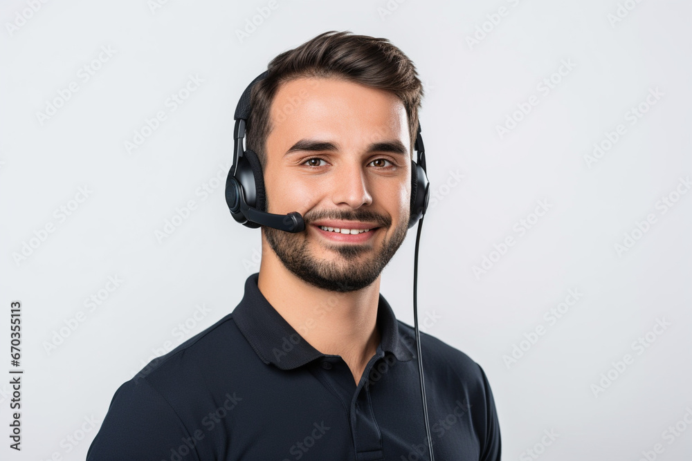 Smiling man customer service worker, call center with phone headset isolated on white background Smiling man customer service worker, call center with phone headset isolated on white background