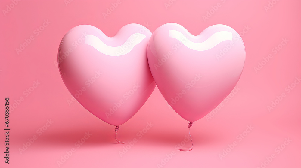 Two beautiful balloons merge into a heart shape on a pink background. Valentine's Day Love concept