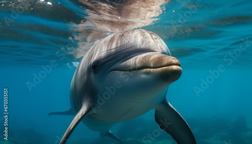 A majestic dolphin swimming below the blue sea, exploring nature generated by AI © Jemastock