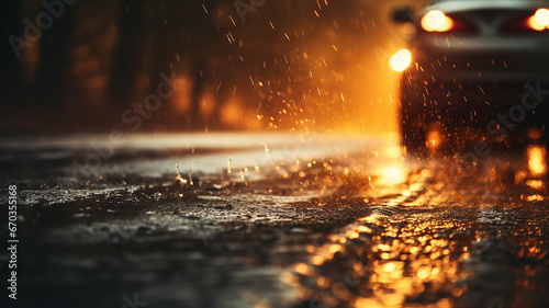 car luminous fog lamp close-up, autumn wet road in the weather rain and fog, leaf fall in yellow tones, the road in the headlights