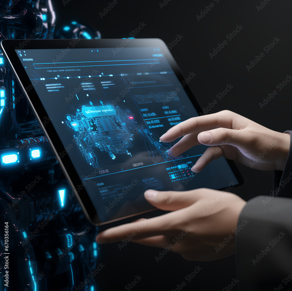 Laptop, ai, virtual reality, robot, augmented reality, 3d, illustration (Generative AI)