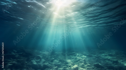 underwater scene with rays of light and sun, Underwater sea in blue sunlight