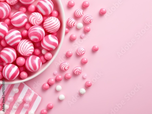 Pink Christmas Candy Balls in bowl. Flat lay.