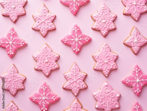Gingerbread with pink icing. A treat for Christmas. Flat lay.
