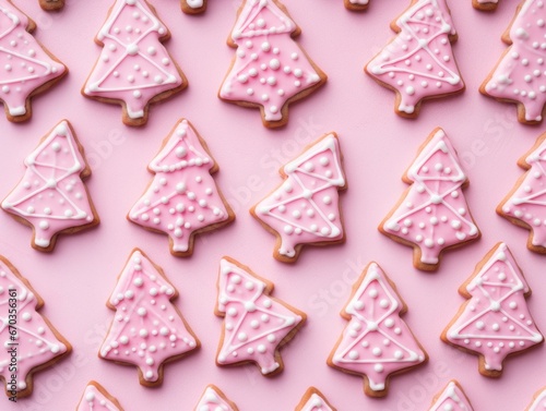 Gingerbread with pink icing. A treat for Christmas. Tree shape. Flat lay.