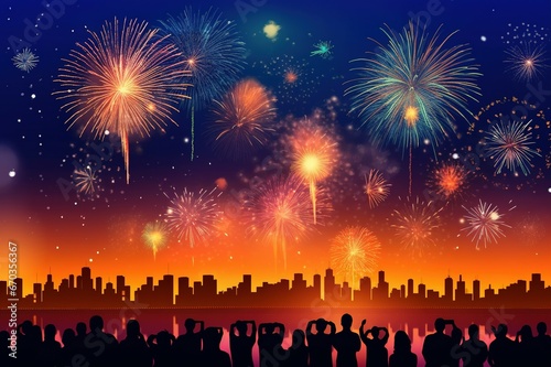 A silhouette of a city with people full of Happy New Year celebrations with colorful fireworks at night.