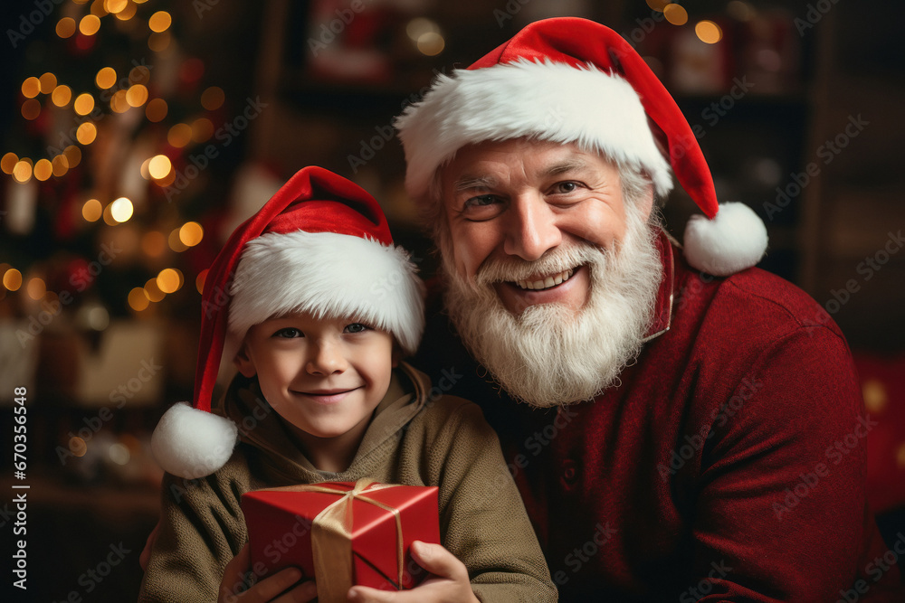 a man wearing santa hat and gift to child