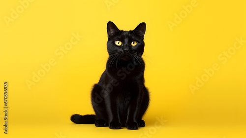 black cat on yellow background with copy space © Planetz
