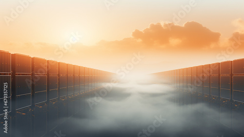 solar panels in the fog at sunset, the technology of the future futuristic landscape renewable energy
