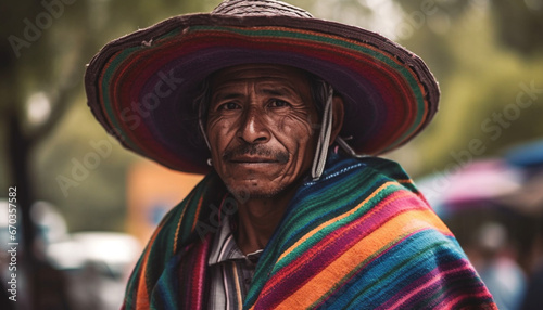 Smiling man in traditional Inca clothing, celebrating indigenous culture generated by AI