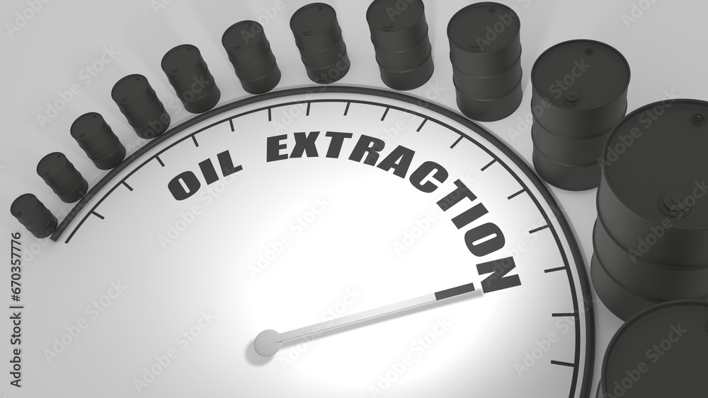 Oil extraction value measuring device with arrow and scale. Oil barrels growth. 3D render