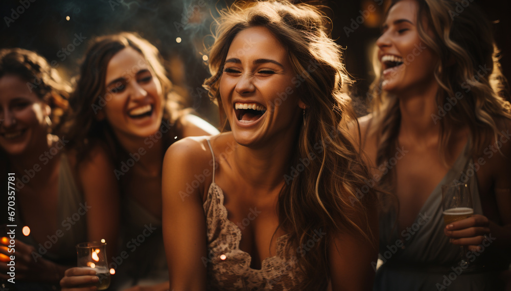 Young women enjoying a carefree night, laughing and dancing together generated by AI