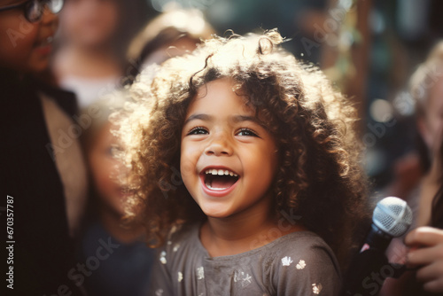 Curly hair little girl laughing and singing song