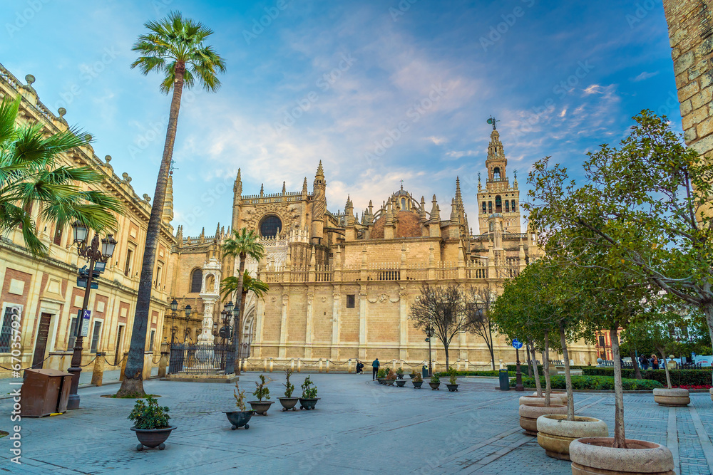 Giralda tower and Seville Cathedral in oldtown Spain