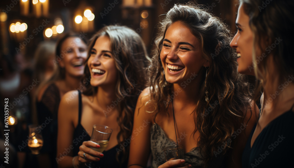 Young women enjoying nightlife, smiling and dancing in a nightclub generated by AI