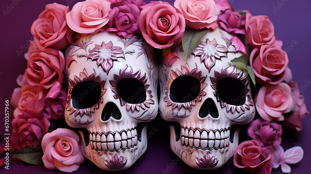 skull and flowers HD 8K wallpaper Stock Photographic Image 