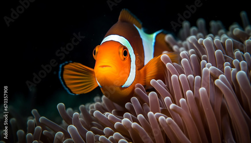 Clown fish swimming in vibrant reef, underwater beauty generated by AI