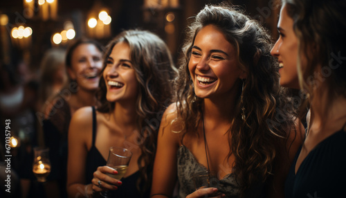 Young women enjoying nightlife, smiling and dancing in a nightclub generated by AI