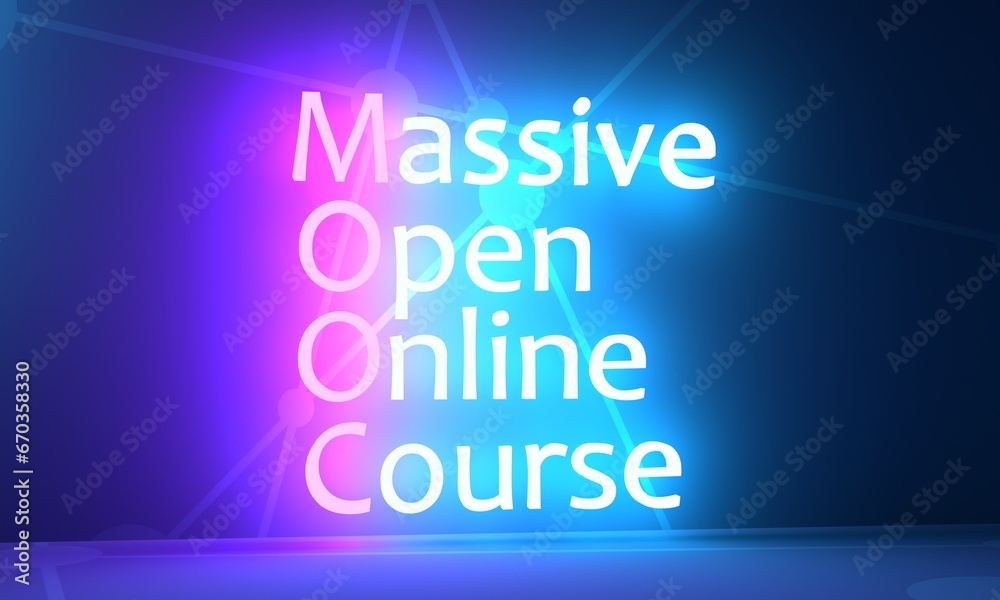MOOC - Massive Open Online Course is an online course aimed at unlimited participation and open access via the Web. Acronym text concept background. Neon shine text. 3D render