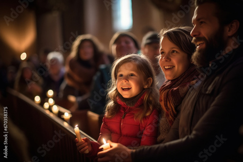 Family singing hymns together on Christmas in church