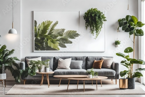 Poster above white cabinet with plant next to grey sofa in simple living room interior