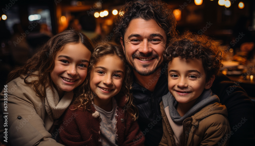 A cheerful family, smiling and looking at camera, enjoying togetherness generated by AI A cheerful family, smiling and looking at camera, enjoying togetherness generated by AI