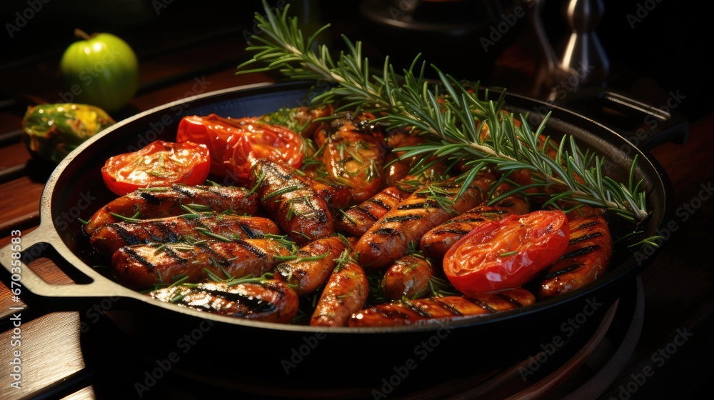 Delicious grilled sausages with tomatoes in a frying pan