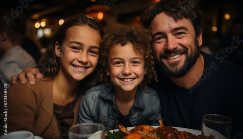 A cheerful family bonding, enjoying a meal, smiling together generated by AI