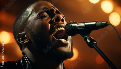 Young adult singer performing on stage with microphone and guitar generated by AI