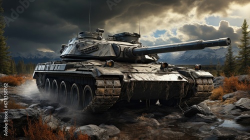Powerful armored military battle tank with strong armor and big gun rides on the battlefield in the war