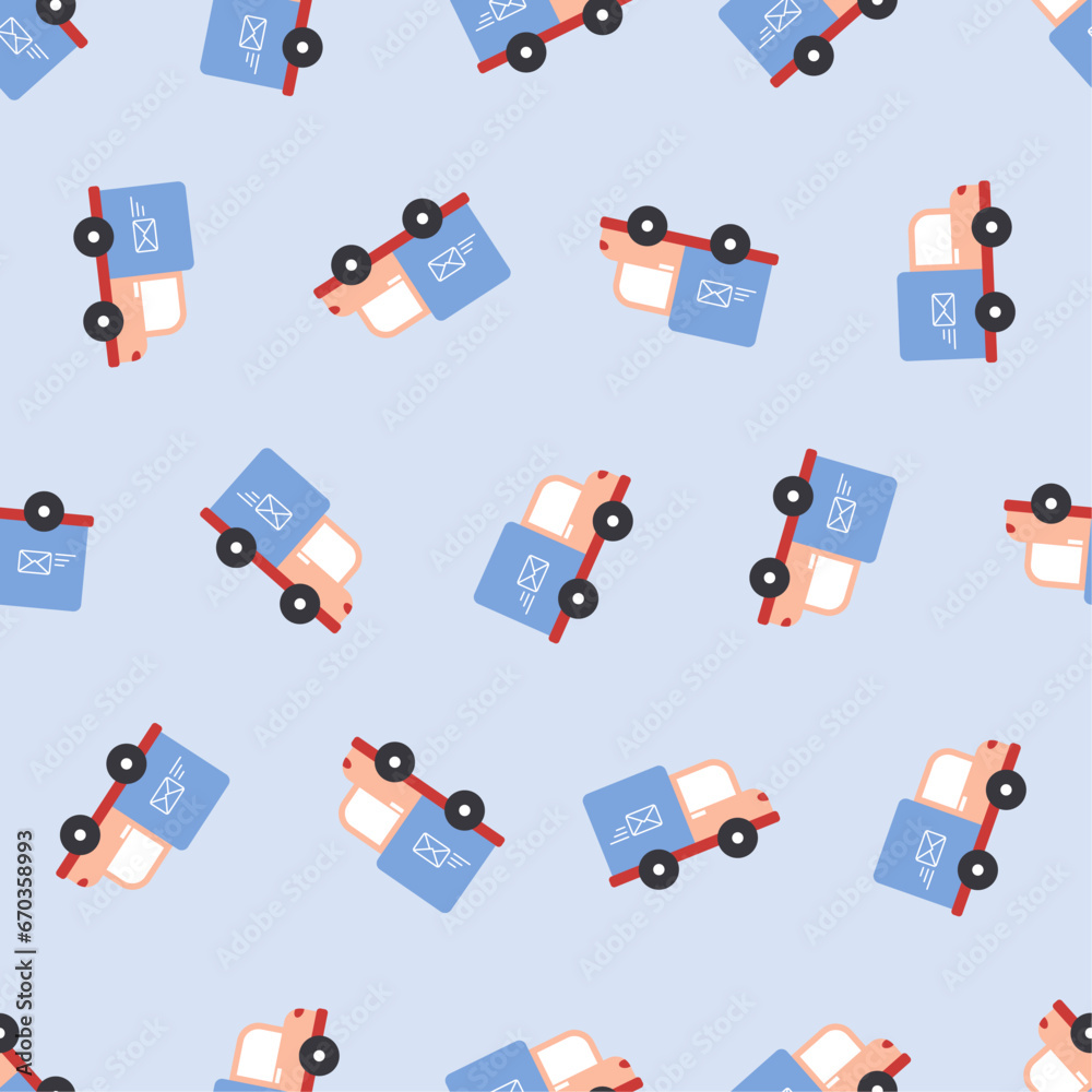 Mail truck seamless pattern. Suitable for backgrounds, wallpapers, fabrics, textiles, wrapping papers, printed materials, and many more. Editable vector.