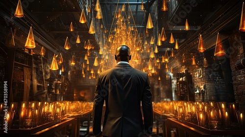 A man in an expensive classic black suit walks through an aisle with many abstract candles  view from the back  business and career success concept