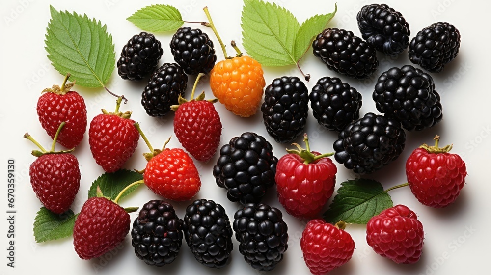 Set of delicious fresh blackberries and raspberries isolated on white background Set of delicious fresh blackberries and raspberries isolated on white background