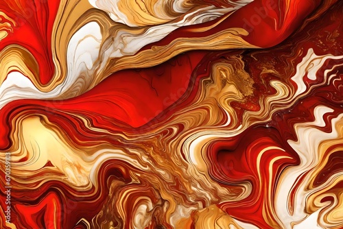 Luxurious modern wallpaper. Abstract marble fluid art background. Red and gold colors. 